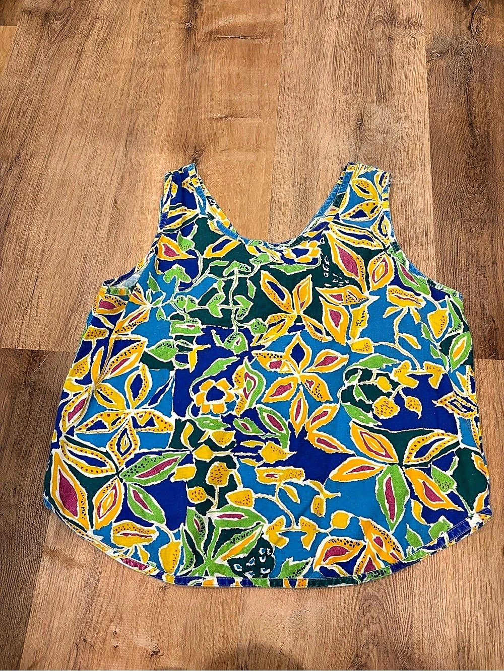 Vintage Abstract Floral Print Cotton Tank Top in Blue & Green Medium